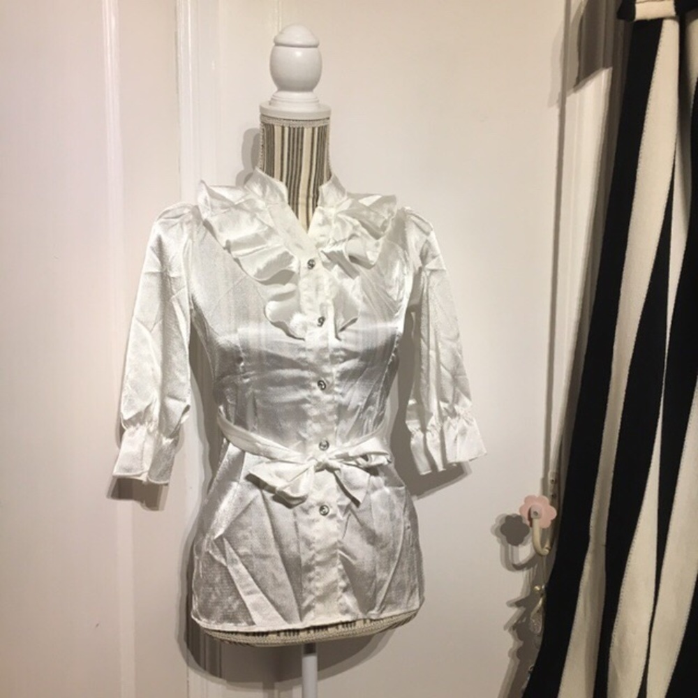 Candie’s Satiny Shiny White Ruffled Blouse